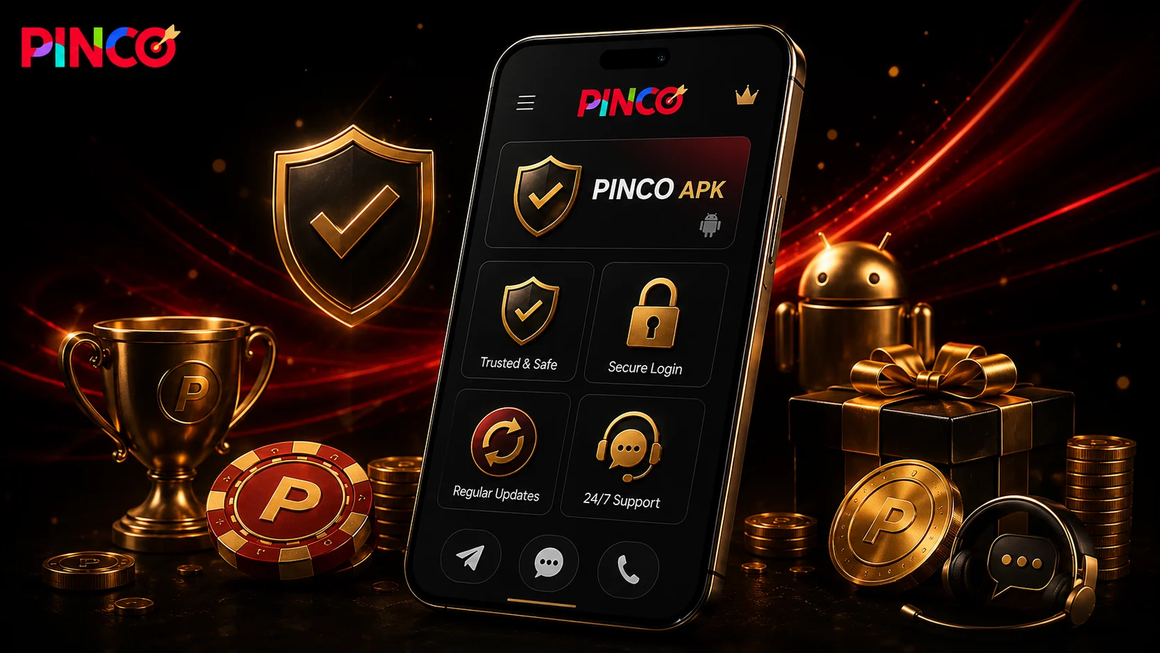 Pinco APK xavfsizligi, support va mobil account tekshiruvlari