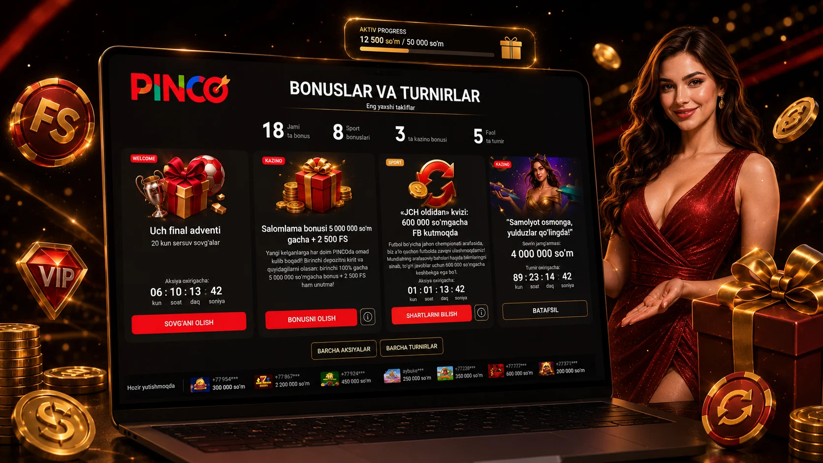 Pinco bonuslar, turnirlar va sovrin paneli ko‘rinishi