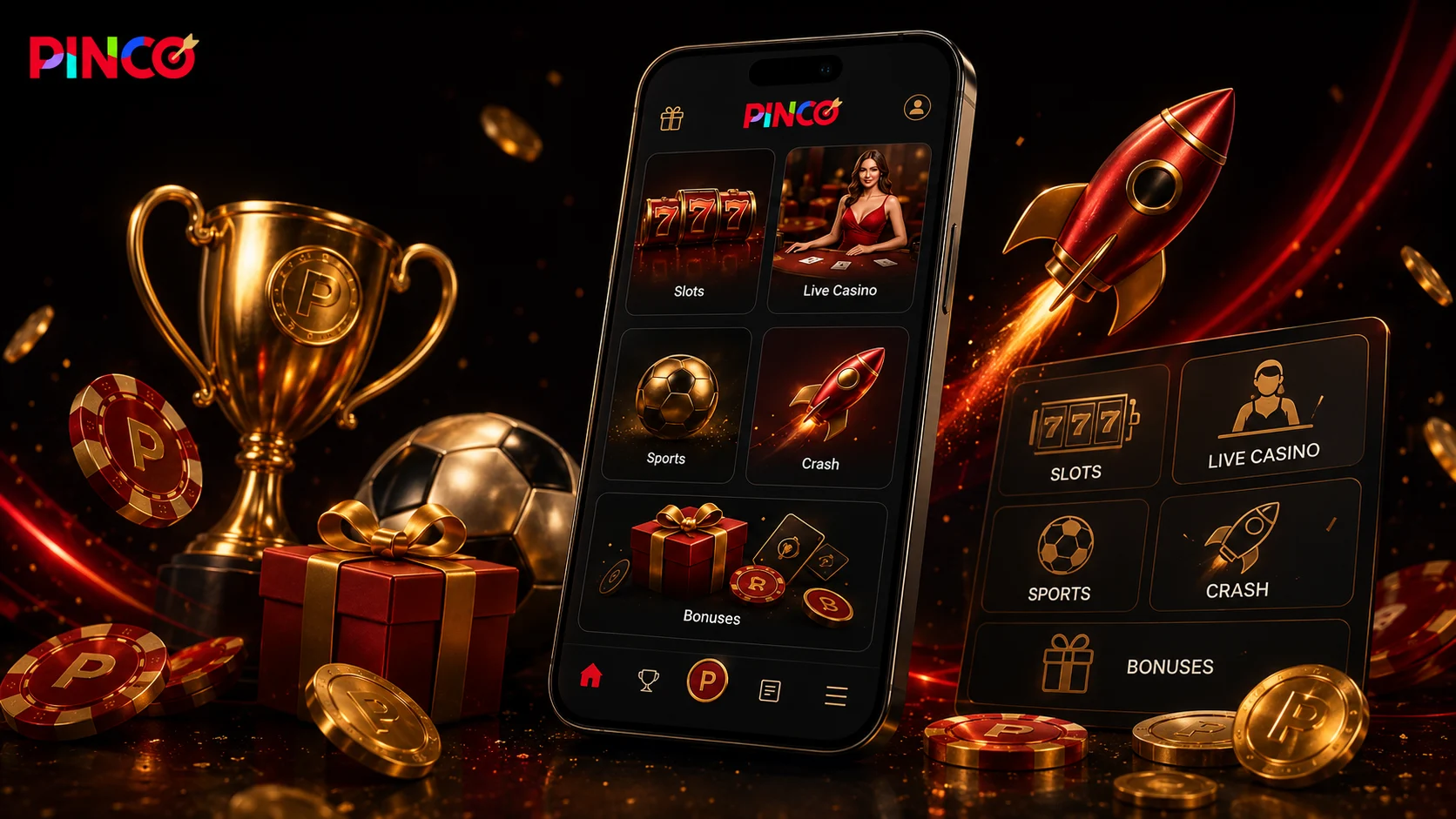 Pinco APK ichidagi mobil lobby, casino, sport va bonus bo‘limlari